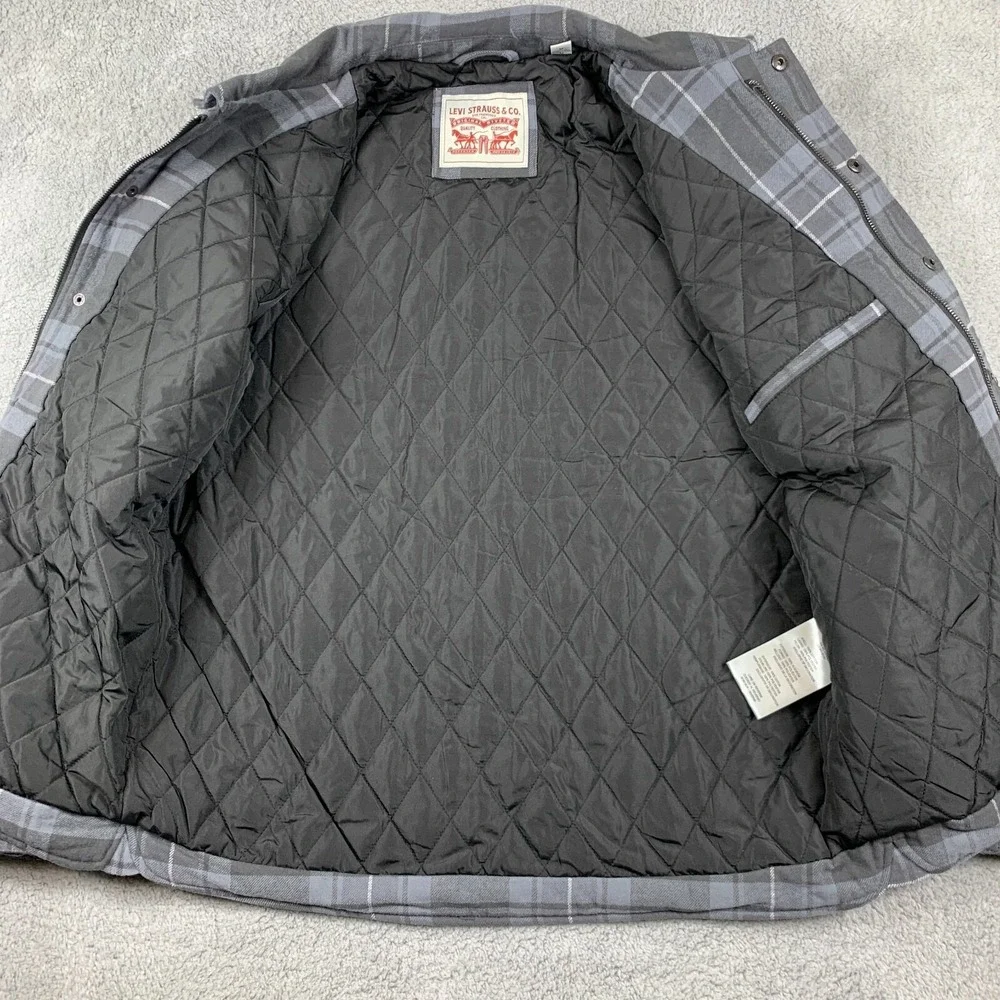 Levis Jacket Mens Medium‎ Grey Flannel Quilted Filled Shacket Inside Pocket Coat